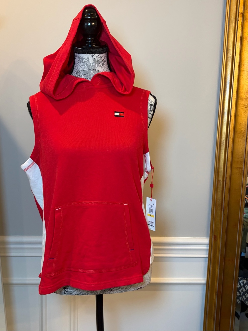 Tommy Hilfiger Red Sleeveless Hoodie with White Side Panels - Picture 7 of 7